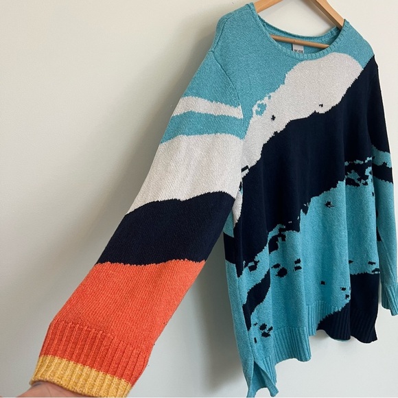NIC+ZOE Blue and Orange Crew Neck Sweater with Artistic Design - Picture 4 of 12